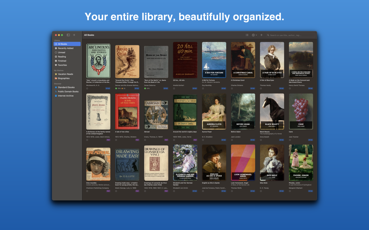 BookShelves macOS app showing a library grid of ebook covers with sidebar categories and collections