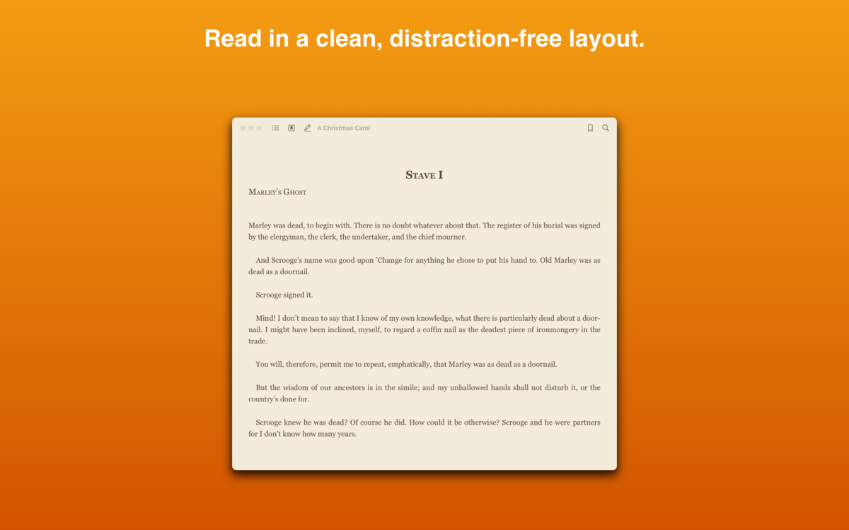 BookShelves ebook reader showing a clean, distraction-free reading layout on macOS
