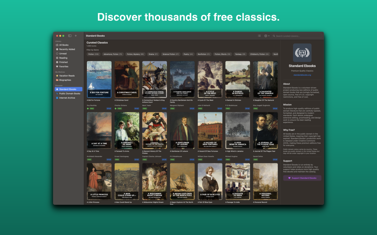 BookShelves Discover tab browsing free classic ebooks from Standard Ebooks with cover art grid